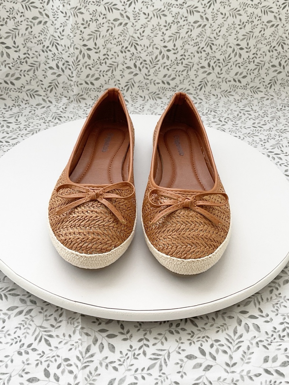 Women’s Tan Woven Flats with Bow Accent